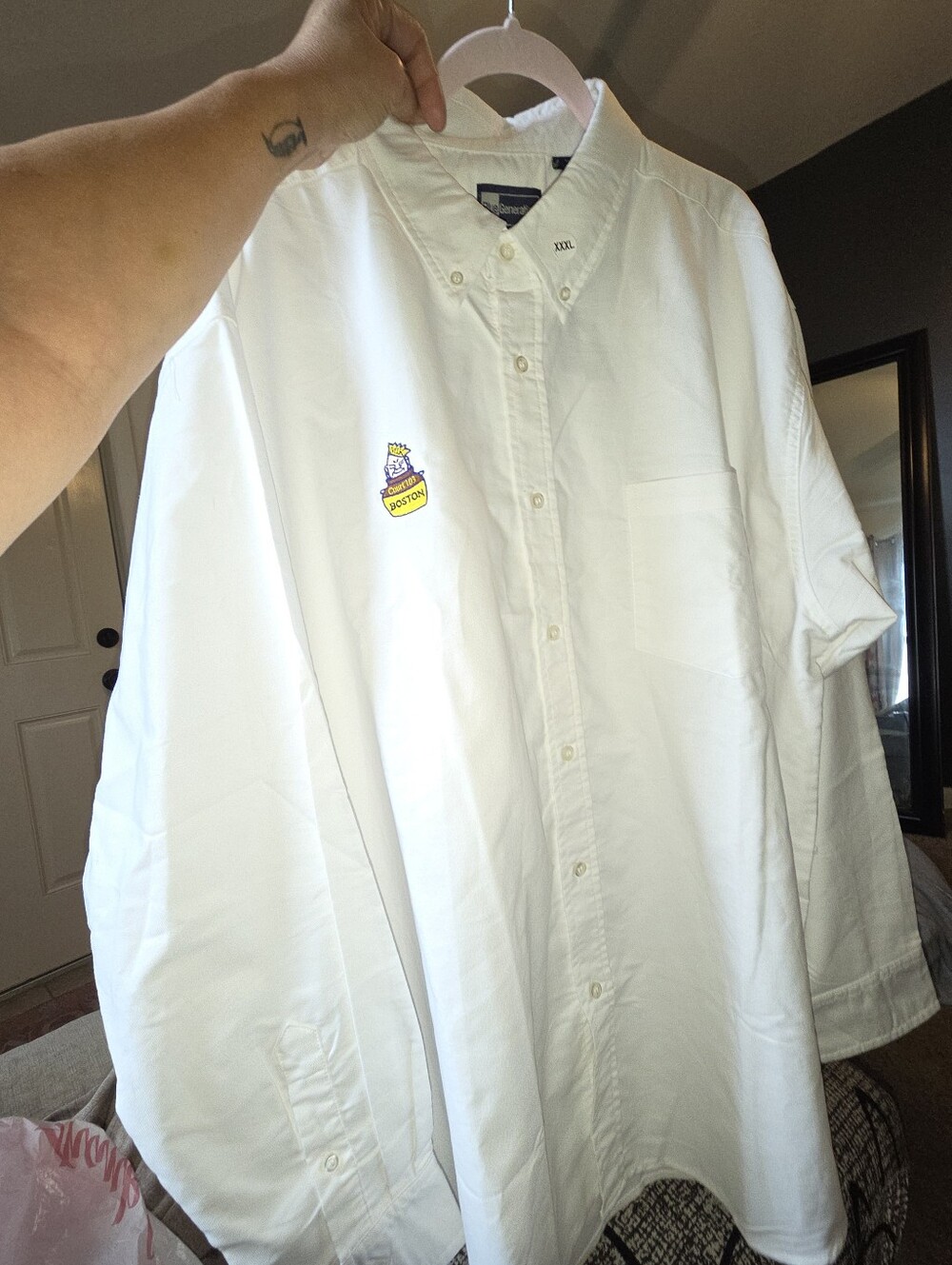 Men's White Button-Down Shirt with Small Embroidered Patch